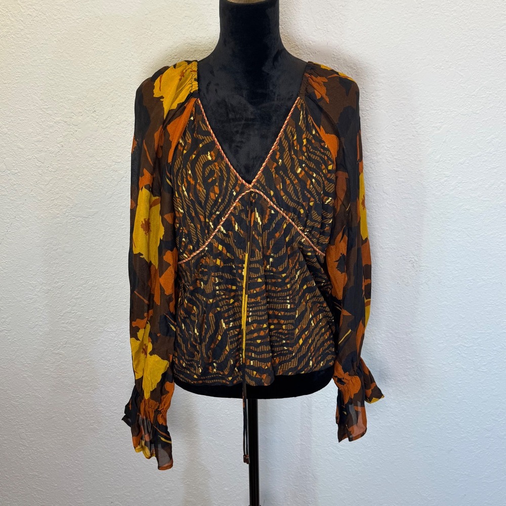 Conditions Apply Anthropologie Mixed Print V-Neck Blouse XL Floral Geometric